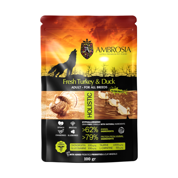 安柏希雅無殼鮮肉成犬糧-火雞肉+鴨肉 - 100G